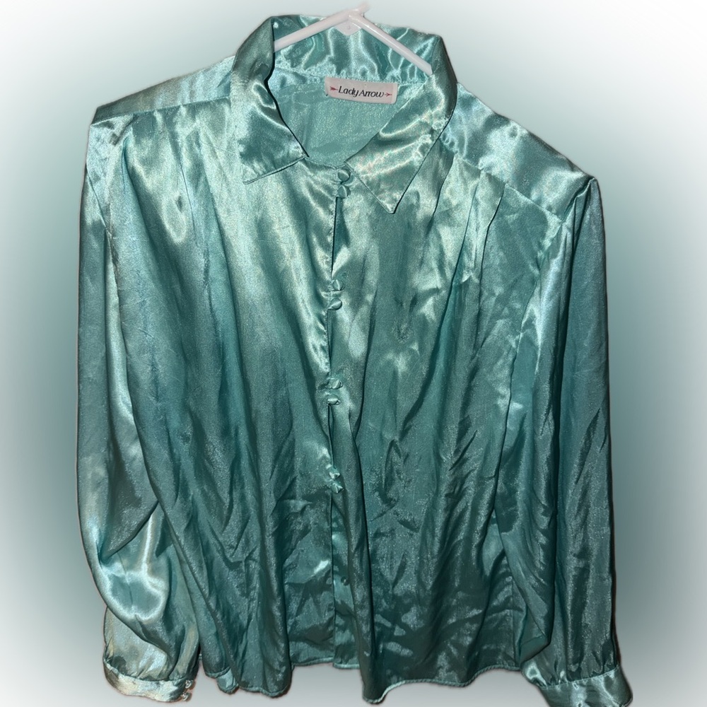 Women's Satin Blouse - Teal Vintage 80s Secretary look